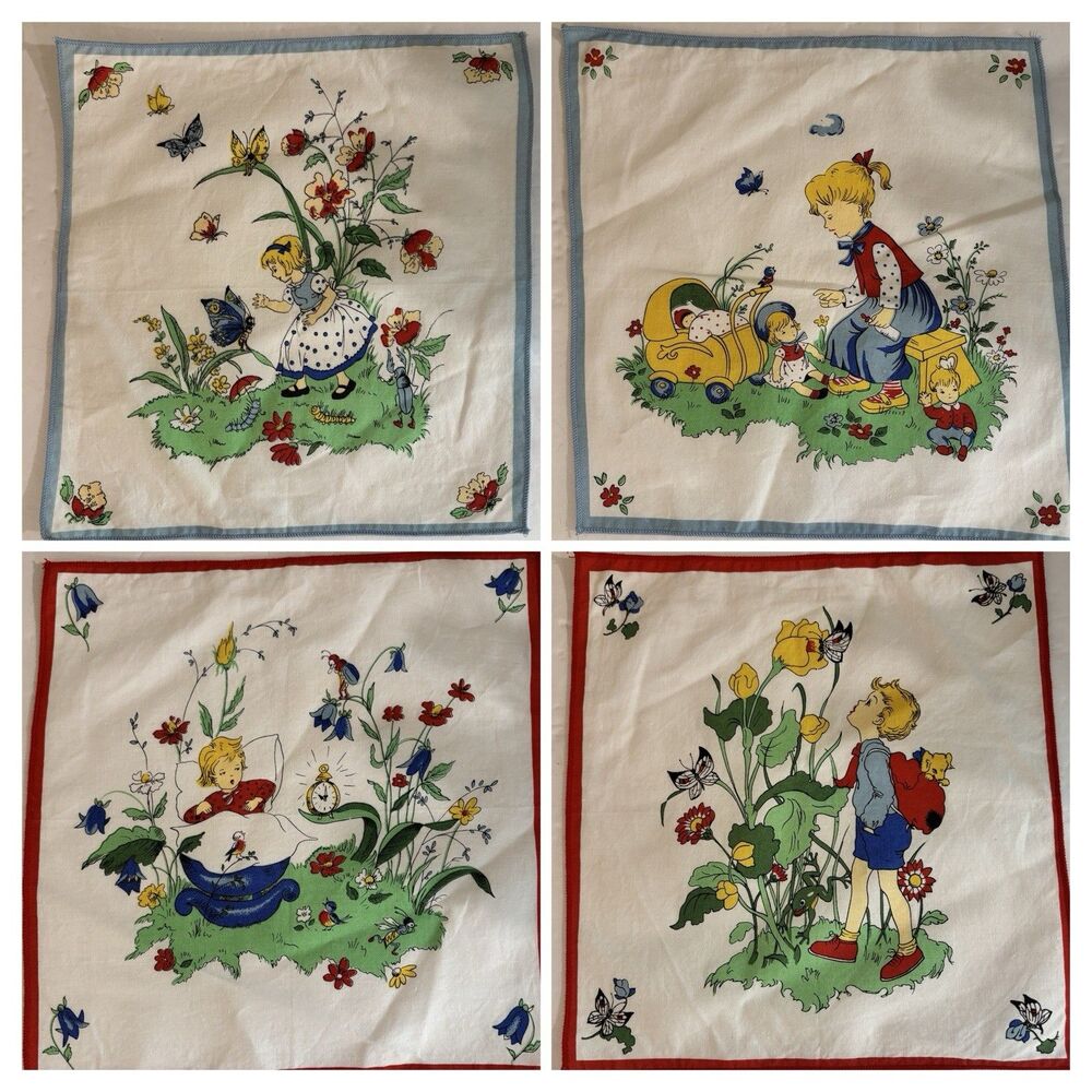 Lot of 4 Vintage Children's Handkerchiefs Primary Colors Toys Floral Butterfly